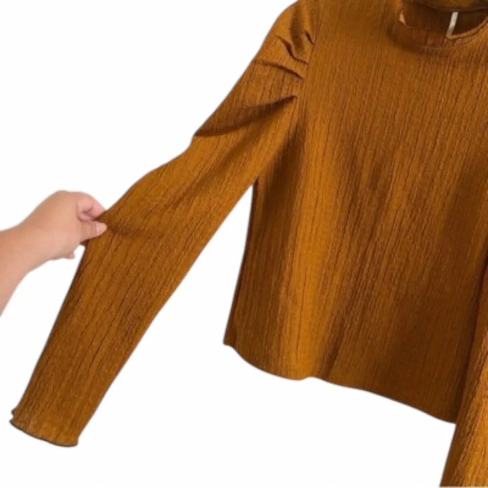 Free People Ela Mock Neck Top Puff Sleeve Terracotta Textured Knit Poetcore S